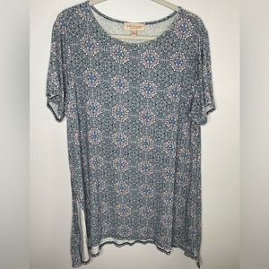 Philosophy Women’s Short Sleeve Tunic Blue & Pink Mandala Print 1X Stretchy